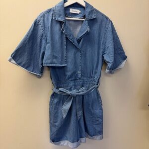 Oumanni Denim Chambray Romper Tie Waist Short Sleeve Collared | XL